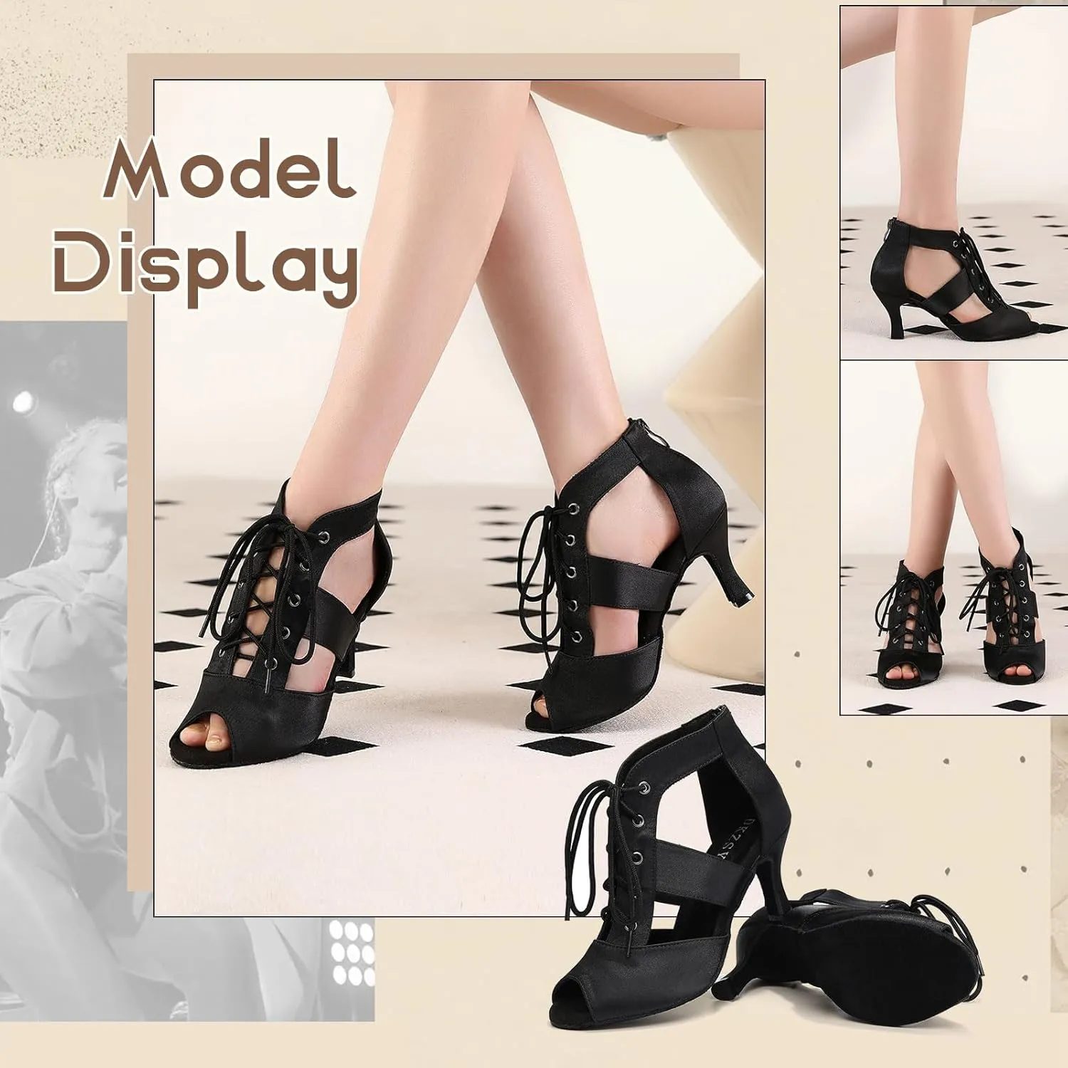 DKZSYIM Women's Open Toe Ankle Dance Boots Ballroom Lace-up Latin Salsa Dance Shoes,D43