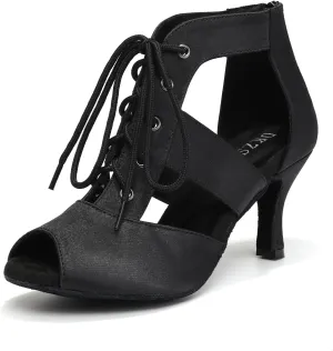 DKZSYIM Women's Open Toe Ankle Dance Boots Ballroom Lace-up Latin Salsa Dance Shoes,D43