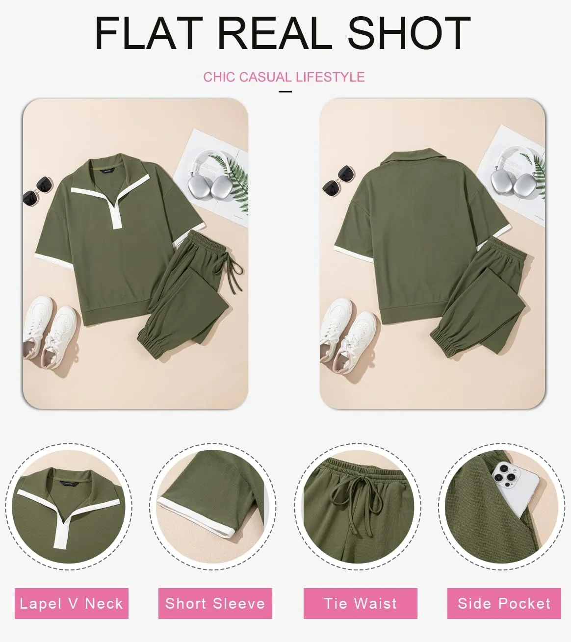 Dokotoo 2 Piece Sets for Women Summer Lapel V Neck Short Sleeve Tops Long Pants Tracksuit Lounge Jogger Set with Pockets