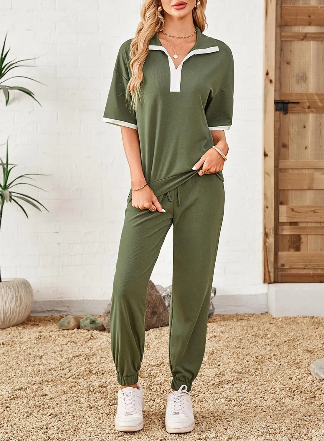 Dokotoo 2 Piece Sets for Women Summer Lapel V Neck Short Sleeve Tops Long Pants Tracksuit Lounge Jogger Set with Pockets