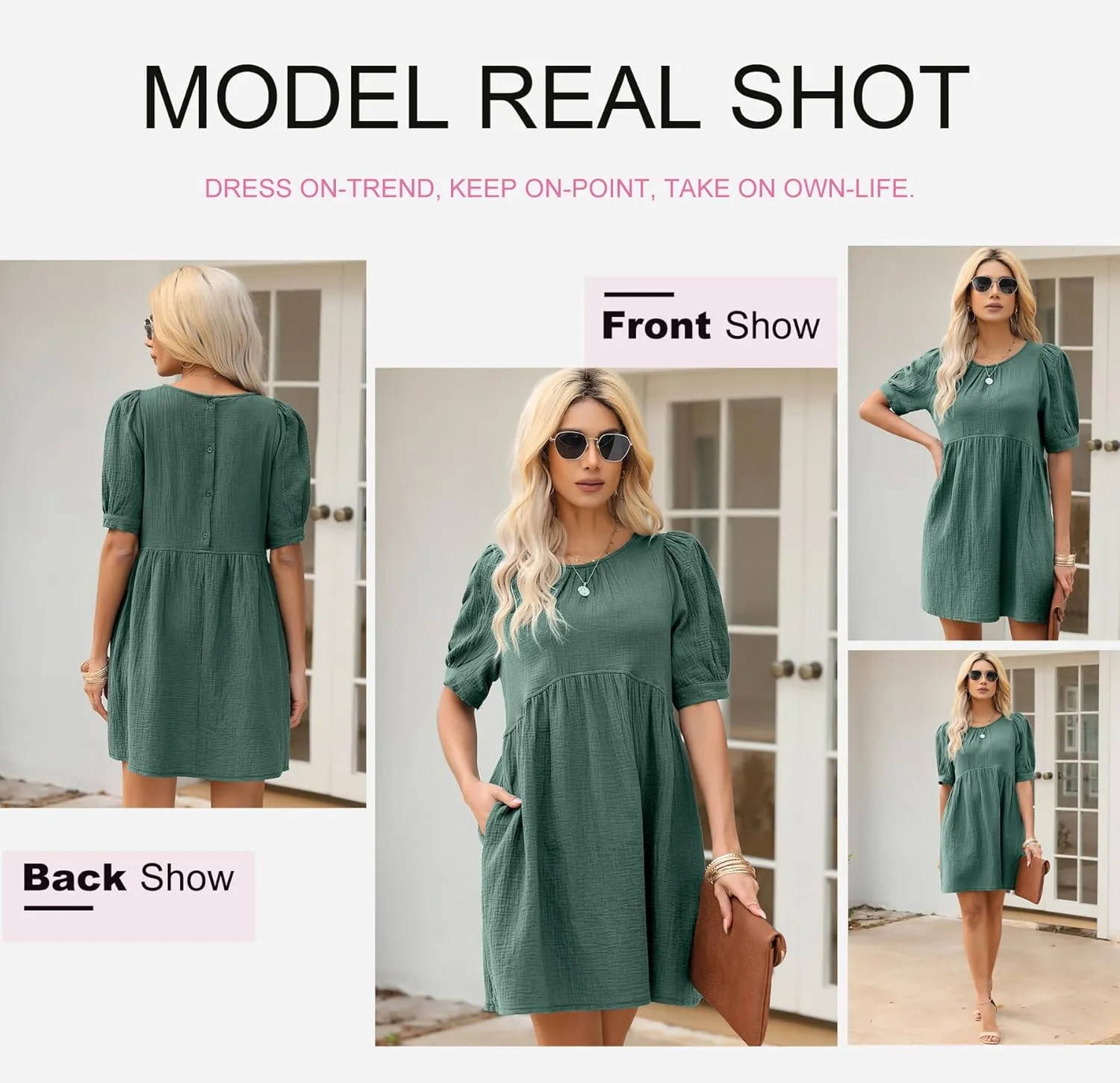 Dokotoo Womens 2025 Spring Summer Crewneck Puff Sleeve Babydoll Elegant Empire Waist Mini Swing Skater Dresses with Pockets