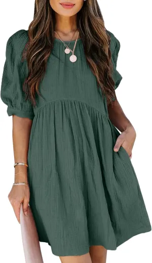Dokotoo Womens 2025 Spring Summer Crewneck Puff Sleeve Babydoll Elegant Empire Waist Mini Swing Skater Dresses with Pockets