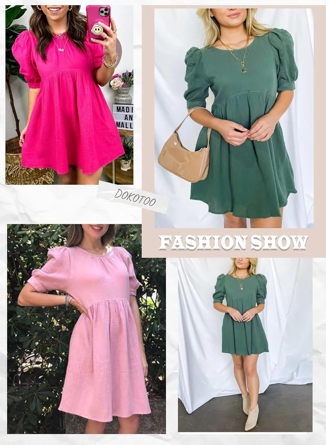 Dokotoo Womens 2025 Spring Summer Crewneck Puff Sleeve Babydoll Elegant Empire Waist Mini Swing Skater Dresses with Pockets