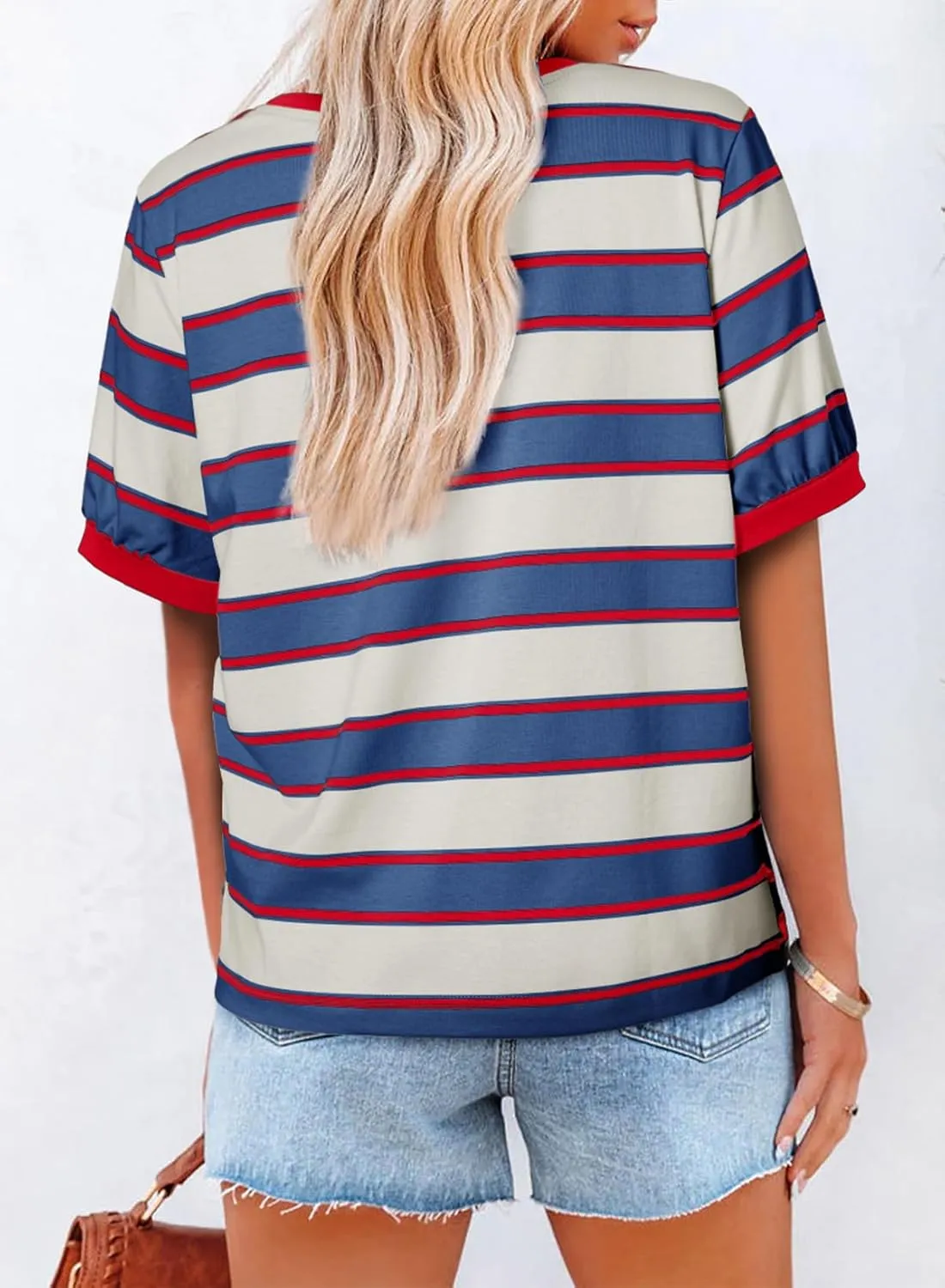 Dokotoo Womens Summer Tops 2025 Striped Color Block Short Sleeve T-Shirts Crewneck Casual Loose Basic Tee Blouses