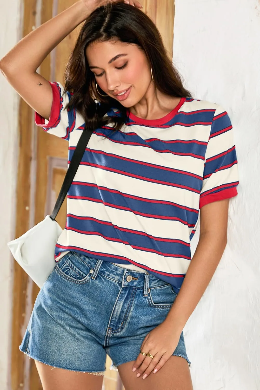 Dokotoo Womens Summer Tops 2025 Striped Color Block Short Sleeve T-Shirts Crewneck Casual Loose Basic Tee Blouses