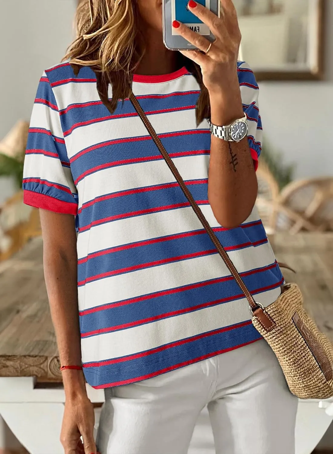 Dokotoo Womens Summer Tops 2025 Striped Color Block Short Sleeve T-Shirts Crewneck Casual Loose Basic Tee Blouses
