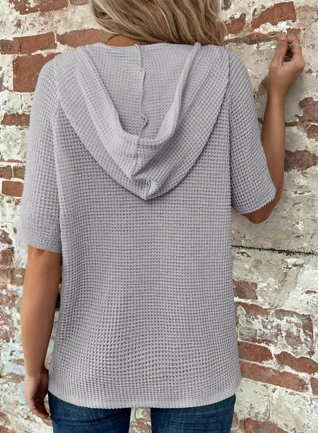 Dokotoo Womens Summer Tops Waffle Knit Short Sleeve Lightweight Drawstring Hoodies Button V Neck Casual Blouses Shirts