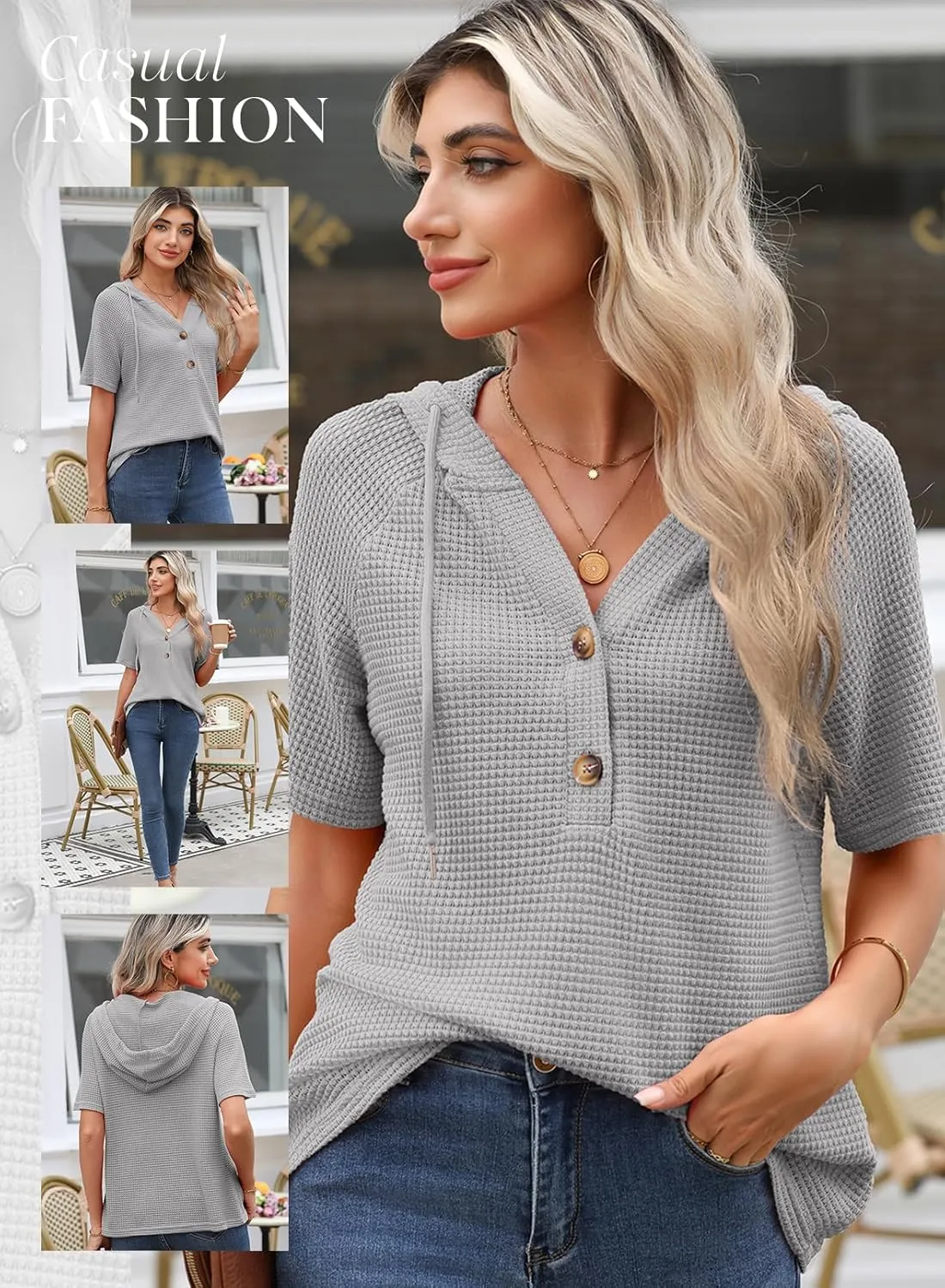Dokotoo Womens Summer Tops Waffle Knit Short Sleeve Lightweight Drawstring Hoodies Button V Neck Casual Blouses Shirts