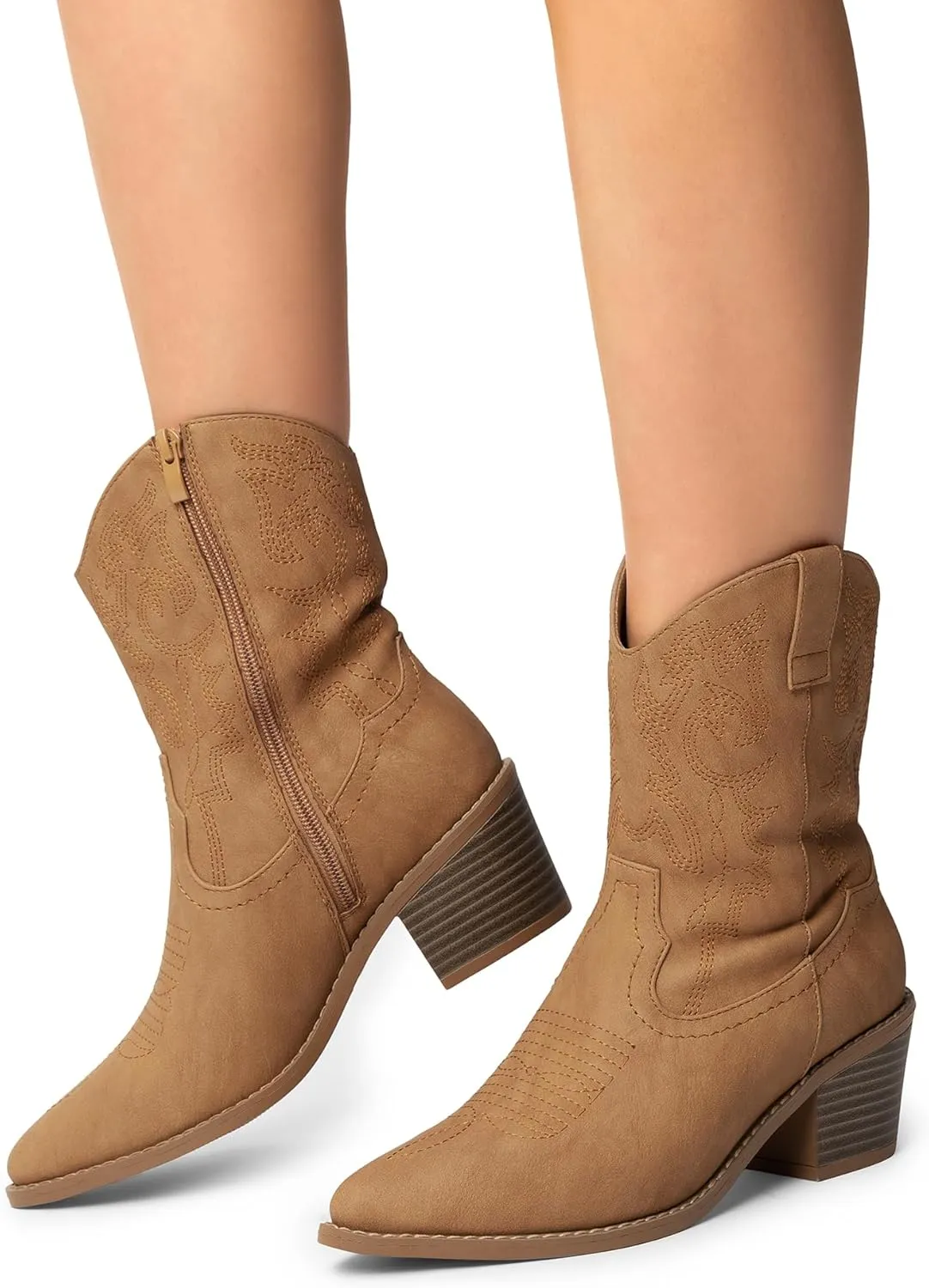 DREAM PAIRS Women's Cowboy Boots, Pointed Toe Chunky Heel, Zipper Pull-On Stitched Western Ankle Boots