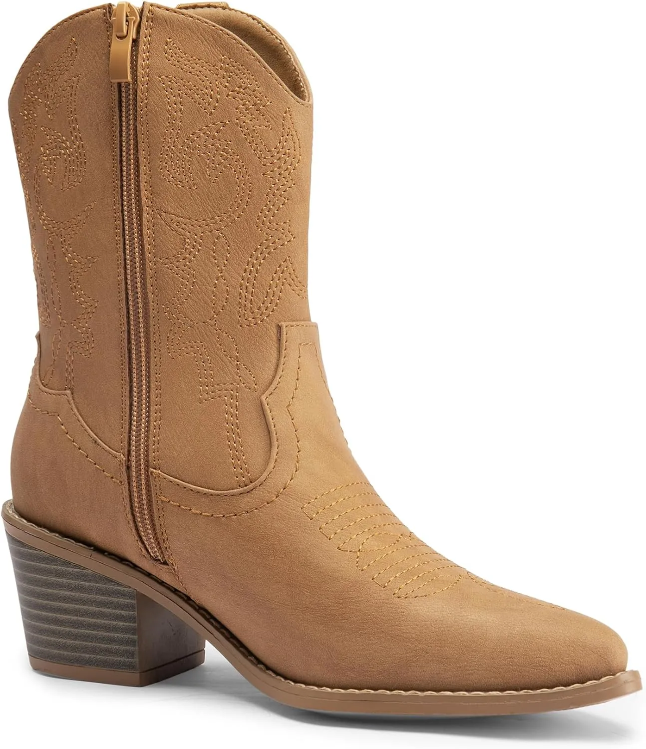 DREAM PAIRS Women's Cowboy Boots, Pointed Toe Chunky Heel, Zipper Pull-On Stitched Western Ankle Boots
