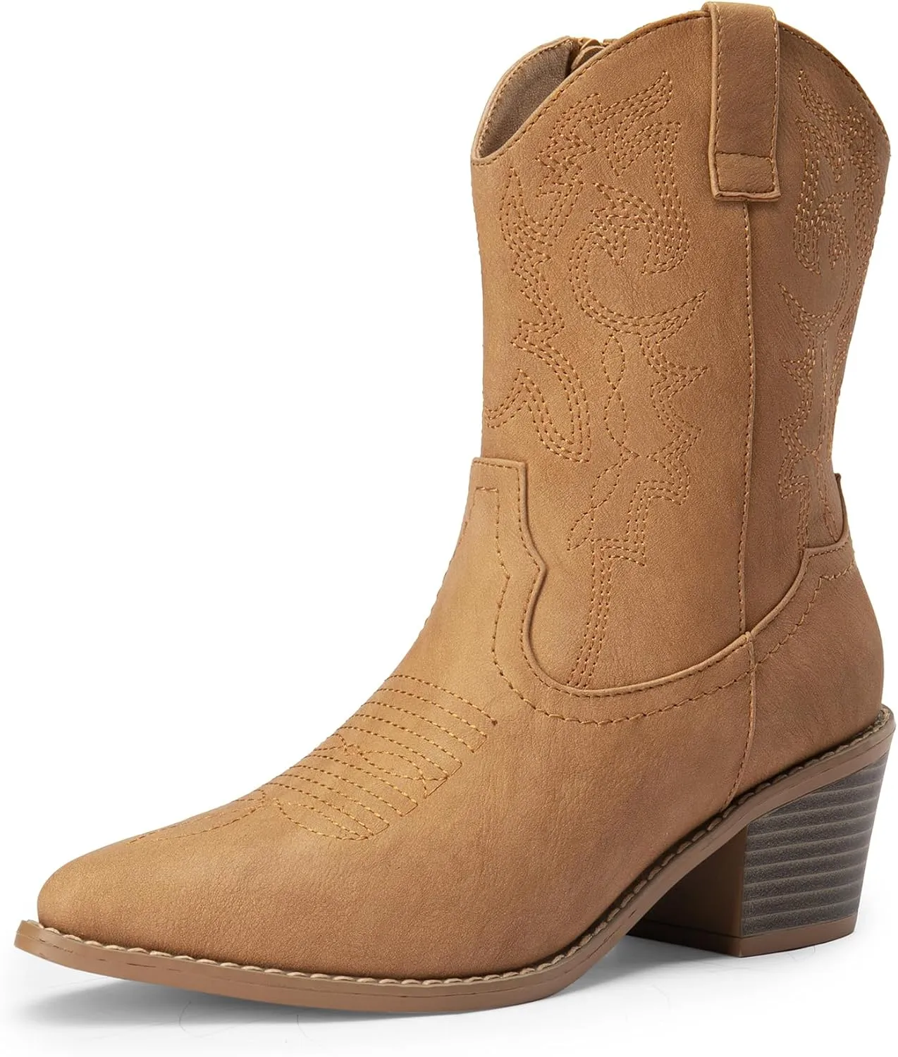 DREAM PAIRS Women's Cowboy Boots, Pointed Toe Chunky Heel, Zipper Pull-On Stitched Western Ankle Boots