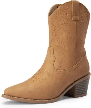 DREAM PAIRS Women's Cowboy Boots, Pointed Toe Chunky Heel, Zipper Pull-On Stitched Western Ankle Boots