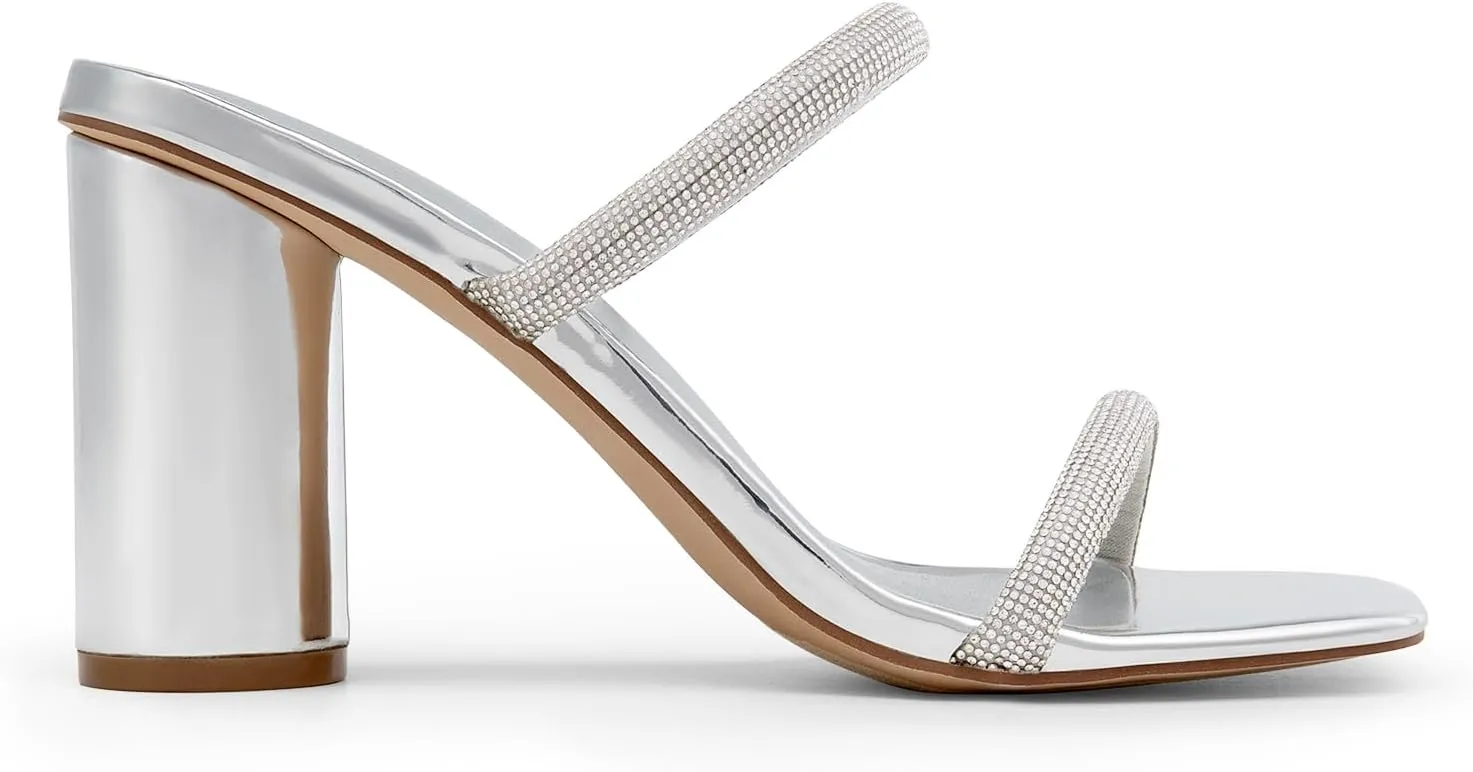 DREAM PAIRS Women's Square Open Toe Block Heels Two Strap Slip On High Heeled Slides Sandals