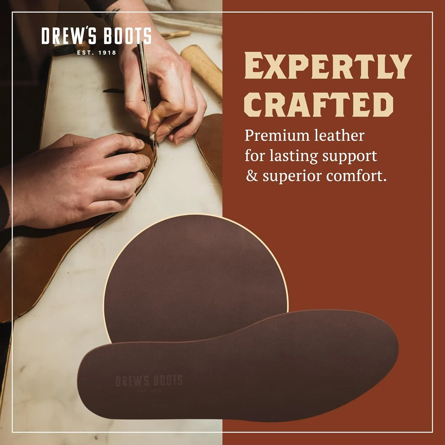Drew’s Boots Leather Boot Insoles for Men and Women - Shoe Inserts for All-Day Comfort Fit with Moisture and Odor Control - Thick Insoles for Work Boots, Shoes, Sneakers, and Any Footwear