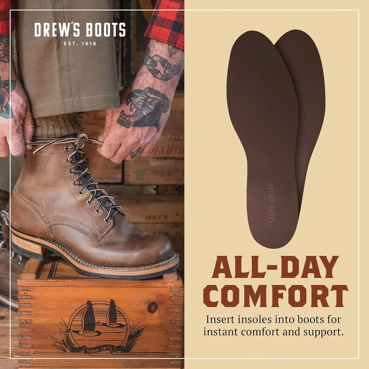 Drew’s Boots Leather Boot Insoles for Men and Women - Shoe Inserts for All-Day Comfort Fit with Moisture and Odor Control - Thick Insoles for Work Boots, Shoes, Sneakers, and Any Footwear