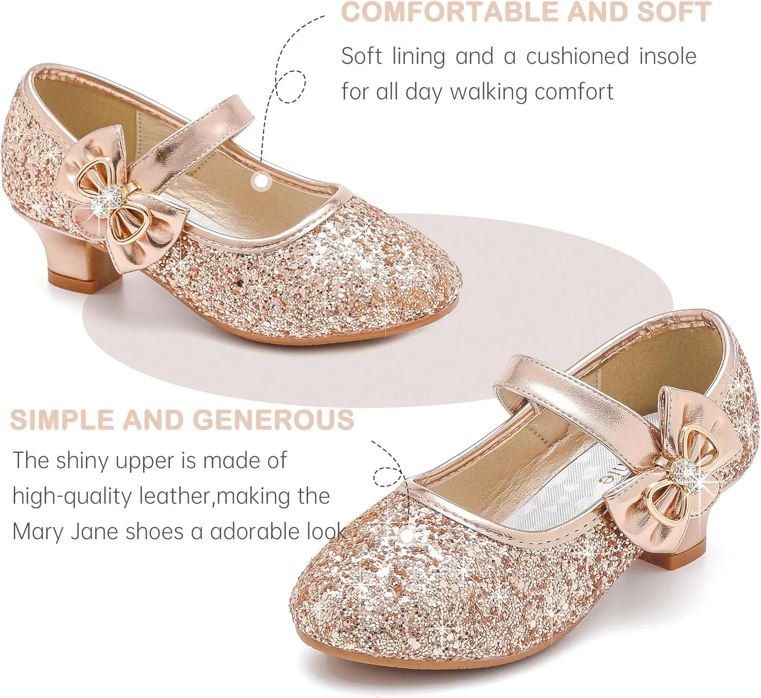 Dufannie Girls Dress Shoes Low Heel Princess Flats Mary Jane Flower Wedding Party Glitter Shoes for Kids Toddler