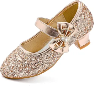 Dufannie Girls Dress Shoes Low Heel Princess Flats Mary Jane Flower Wedding Party Glitter Shoes for Kids Toddler
