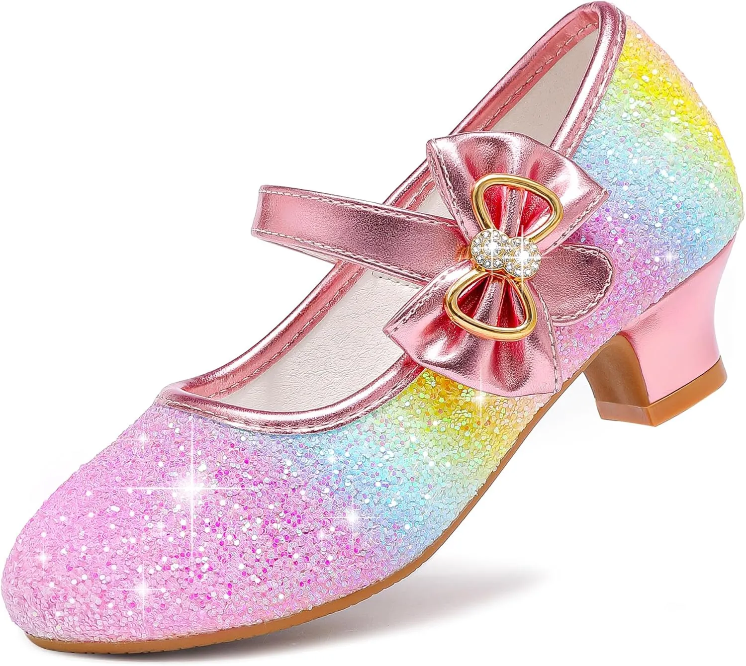 Dufannie Girls Dress Shoes Low Heel Princess Flats Mary Jane Flower Wedding Party Glitter Shoes for Kids Toddler