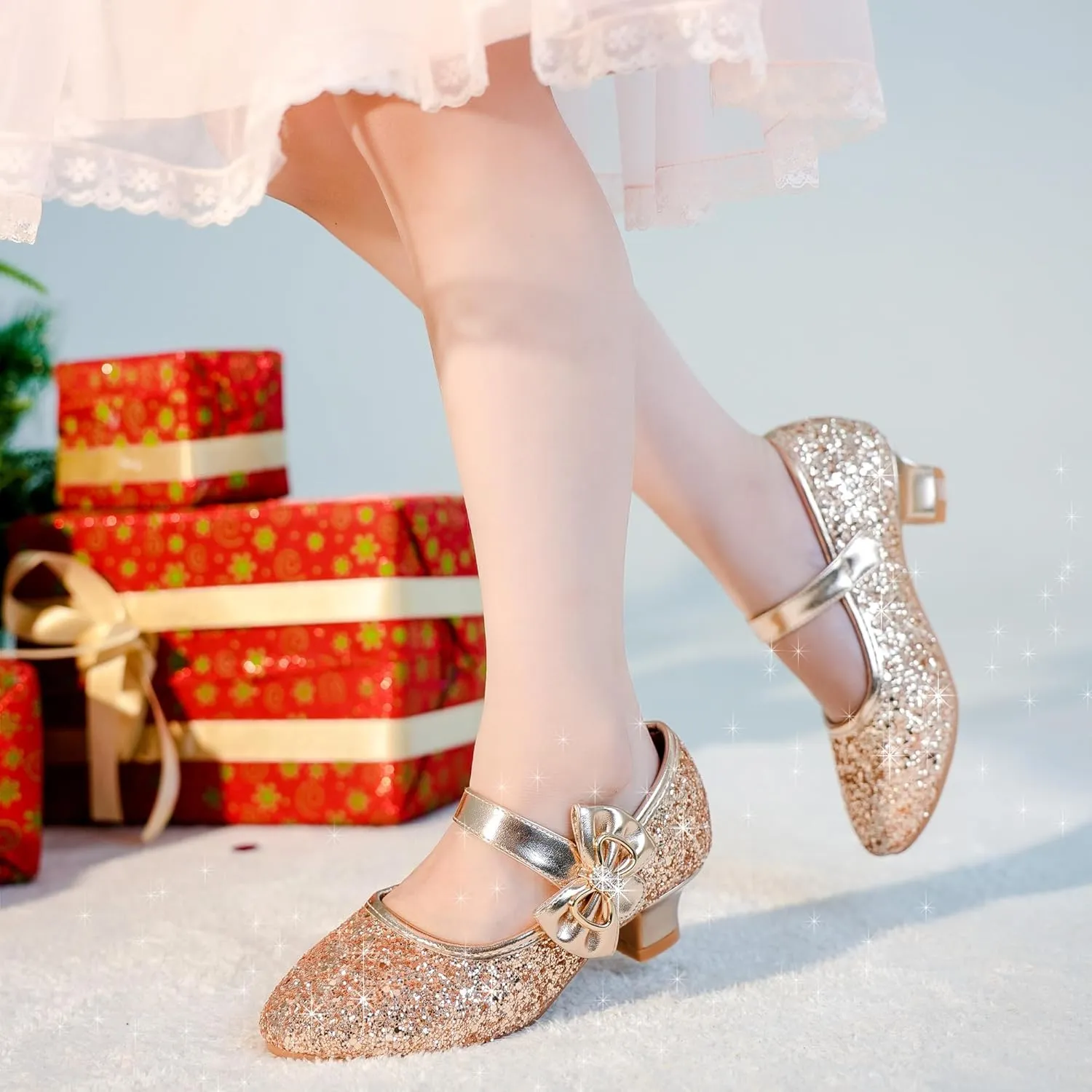Dufannie Girls Dress Shoes Low Heel Princess Flats Mary Jane Flower Wedding Party Glitter Shoes for Kids Toddler