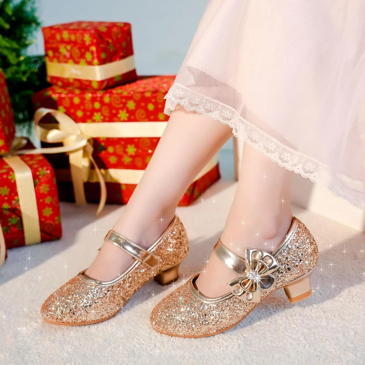 Dufannie Girls Dress Shoes Low Heel Princess Flats Mary Jane Flower Wedding Party Glitter Shoes for Kids Toddler