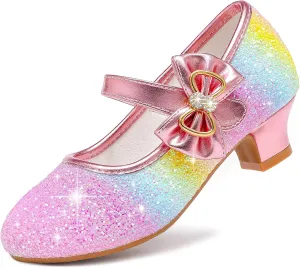 Dufannie Girls Dress Shoes Low Heel Princess Flats Mary Jane Flower Wedding Party Glitter Shoes for Kids Toddler