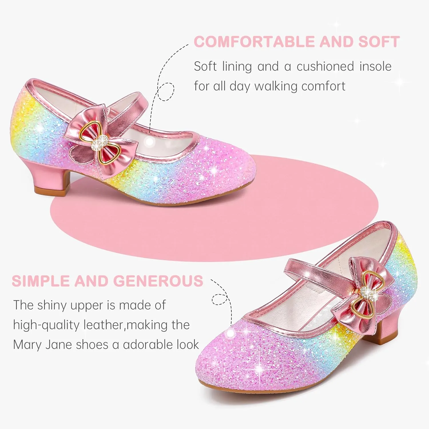 Dufannie Girls Dress Shoes Low Heel Princess Flats Mary Jane Flower Wedding Party Glitter Shoes for Kids Toddler