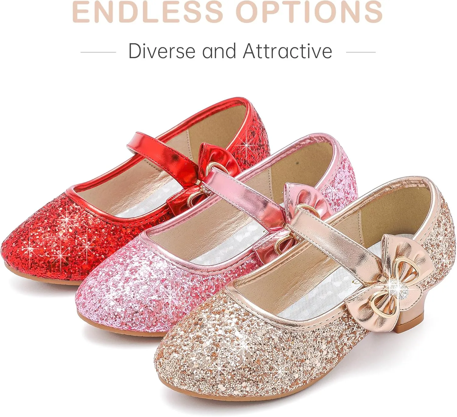 Dufannie Girls Dress Shoes Low Heel Princess Flats Mary Jane Flower Wedding Party Glitter Shoes for Kids Toddler