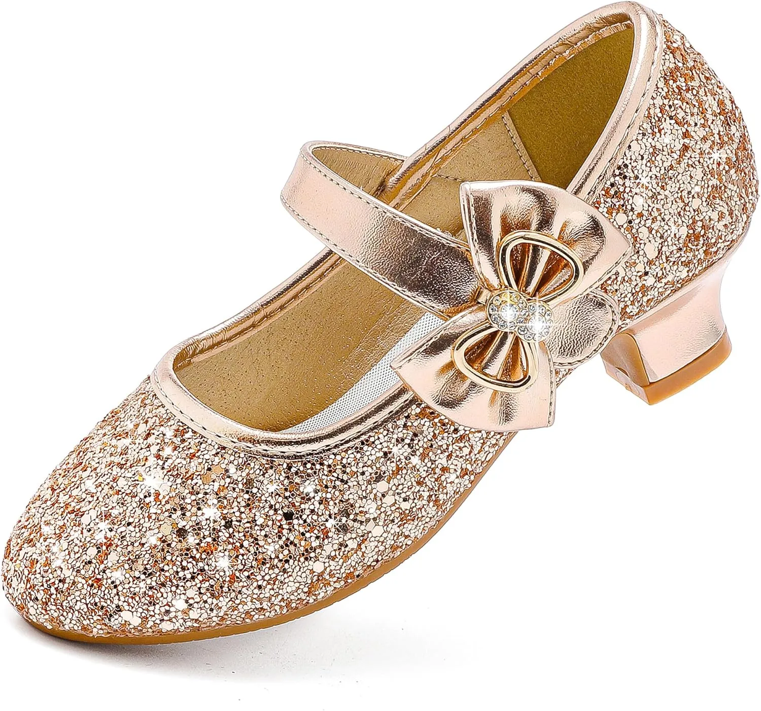 Dufannie Girls Dress Shoes Low Heel Princess Flats Mary Jane Flower Wedding Party Glitter Shoes for Kids Toddler