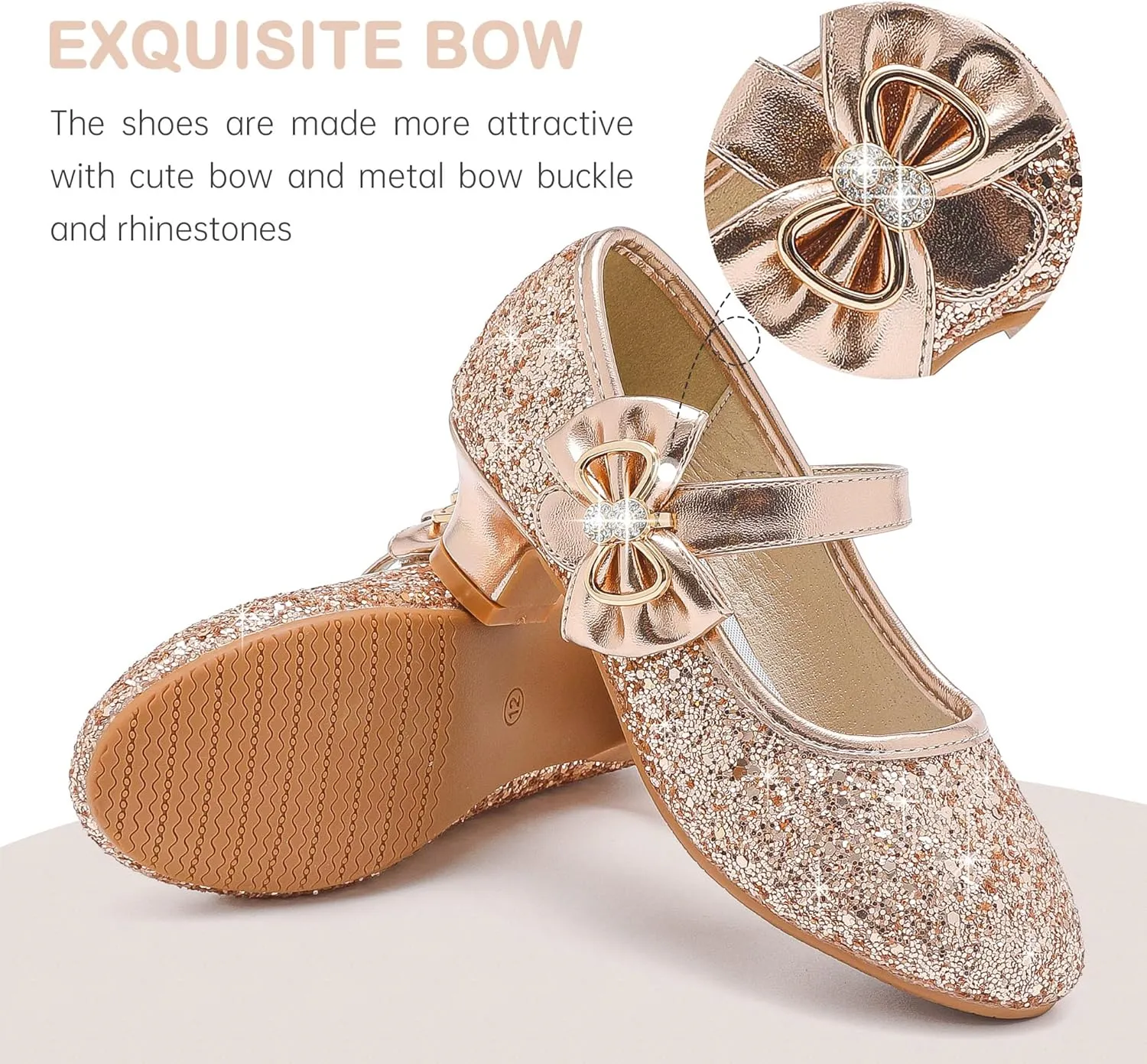 Dufannie Girls Dress Shoes Low Heel Princess Flats Mary Jane Flower Wedding Party Glitter Shoes for Kids Toddler