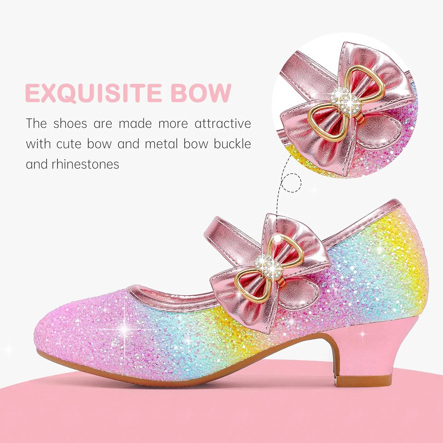 Dufannie Girls Dress Shoes Low Heel Princess Flats Mary Jane Flower Wedding Party Glitter Shoes for Kids Toddler