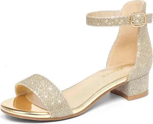 Dufannie Girls Sandals Low Heels Dress Pump Ankle Strap Open Toe Flower Girl Wedding Party for Toddler Little Big Kid