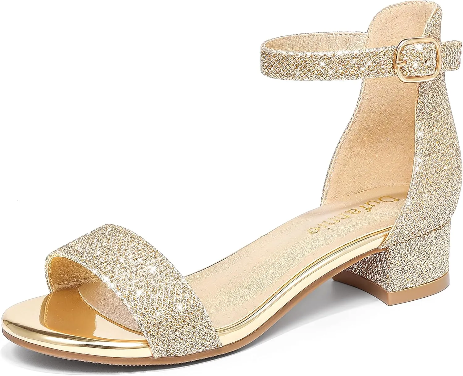 Dufannie Girls Sandals Low Heels Dress Pump Ankle Strap Open Toe Flower Girl Wedding Party for Toddler Little Big Kid