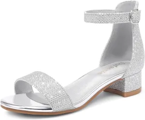 Dufannie Girls Sandals Low Heels Dress Pump Ankle Strap Open Toe Flower Girl Wedding Party for Toddler Little Big Kid