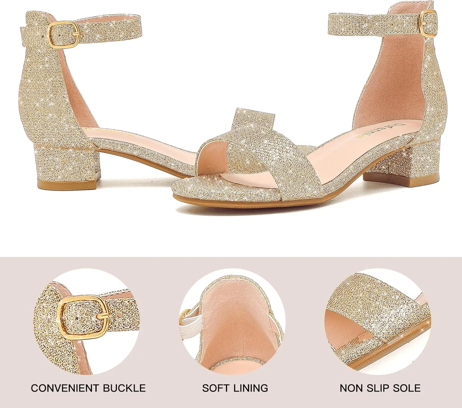 Dufannie Girls Sandals Low Heels Dress Pump Ankle Strap Open Toe Flower Girl Wedding Party for Toddler Little Big Kid
