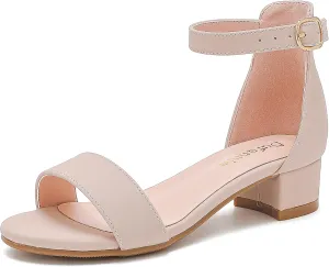 Dufannie Girls Sandals Low Heels Dress Pump Ankle Strap Open Toe Flower Girl Wedding Party for Toddler Little Big Kid
