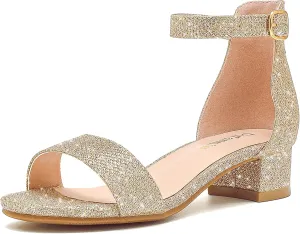 Dufannie Girls Sandals Low Heels Dress Pump Ankle Strap Open Toe Flower Girl Wedding Party for Toddler Little Big Kid
