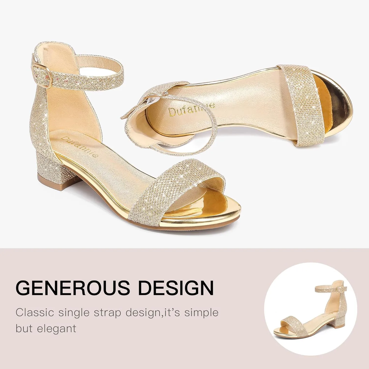 Dufannie Girls Sandals Low Heels Dress Pump Ankle Strap Open Toe Flower Girl Wedding Party for Toddler Little Big Kid