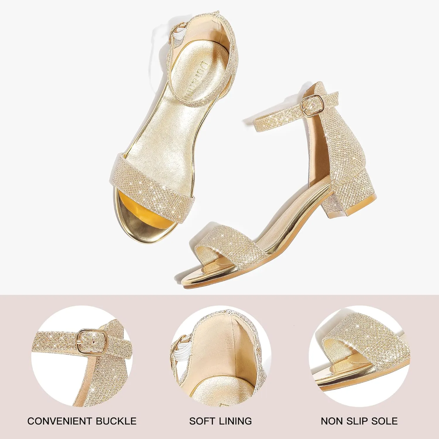 Dufannie Girls Sandals Low Heels Dress Pump Ankle Strap Open Toe Flower Girl Wedding Party for Toddler Little Big Kid