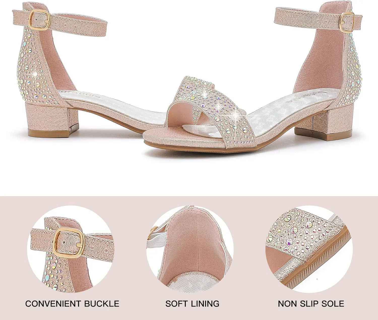 Dufannie Girls Sandals Low Heels Dress Pump Ankle Strap Open Toe Flower Girl Wedding Party for Toddler Little Big Kid