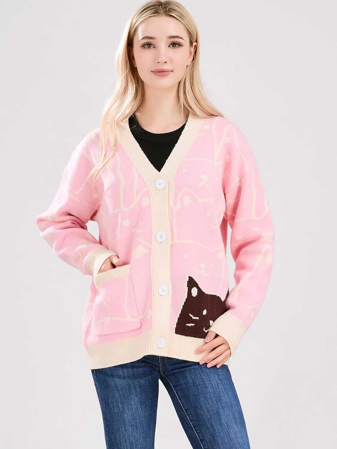 ebossy Women's Kawaii Cartoon Cat Cardigan Japanese Aesthetic Button Down Jacquard Knit Sweater Coat