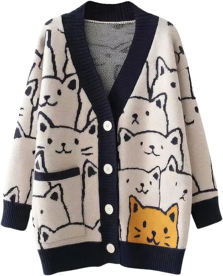 ebossy Women's Kawaii Cartoon Cat Cardigan Japanese Aesthetic Button Down Jacquard Knit Sweater Coat