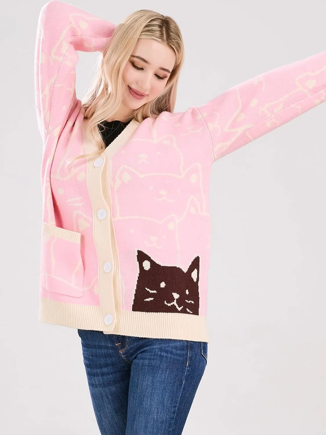 ebossy Women's Kawaii Cartoon Cat Cardigan Japanese Aesthetic Button Down Jacquard Knit Sweater Coat