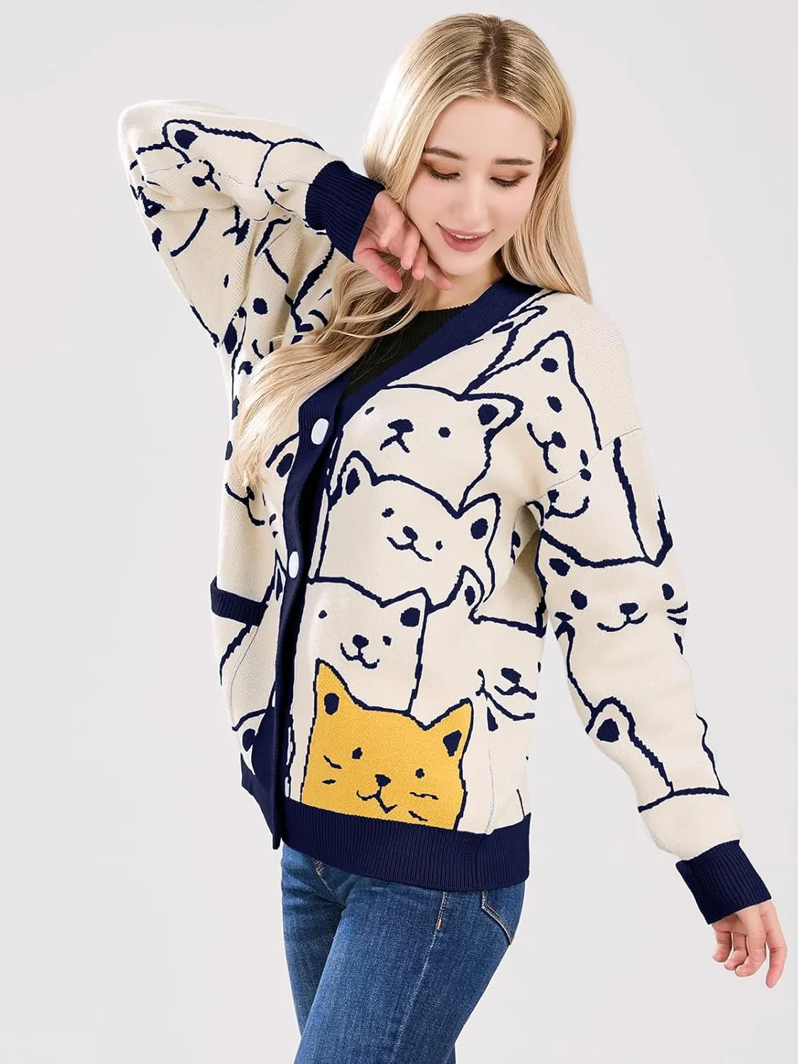 ebossy Women's Kawaii Cartoon Cat Cardigan Japanese Aesthetic Button Down Jacquard Knit Sweater Coat