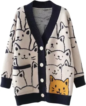 ebossy Women's Kawaii Cartoon Cat Cardigan Japanese Aesthetic Button Down Jacquard Knit Sweater Coat