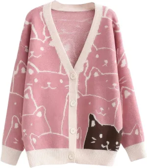 ebossy Women's Kawaii Cartoon Cat Cardigan Japanese Aesthetic Button Down Jacquard Knit Sweater Coat