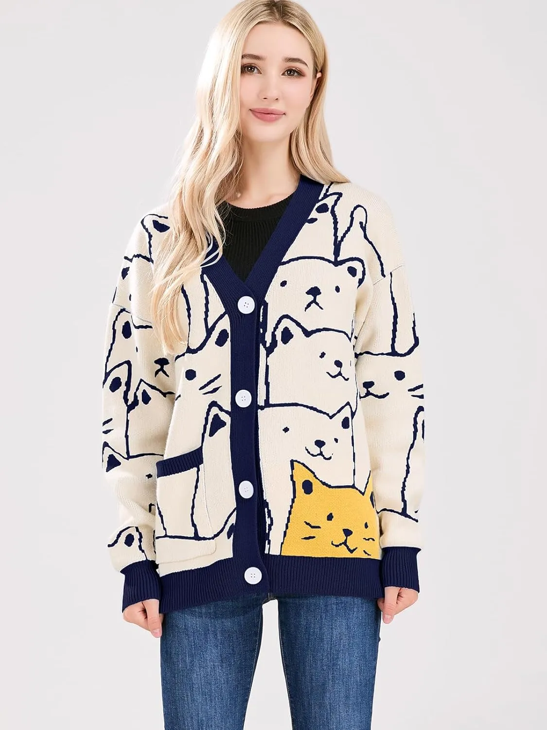 ebossy Women's Kawaii Cartoon Cat Cardigan Japanese Aesthetic Button Down Jacquard Knit Sweater Coat