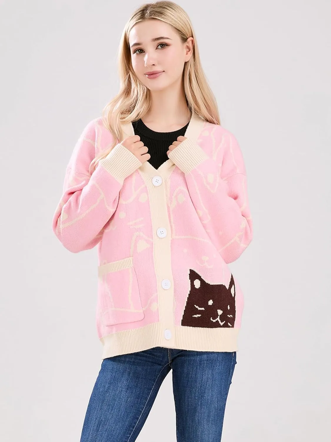 ebossy Women's Kawaii Cartoon Cat Cardigan Japanese Aesthetic Button Down Jacquard Knit Sweater Coat