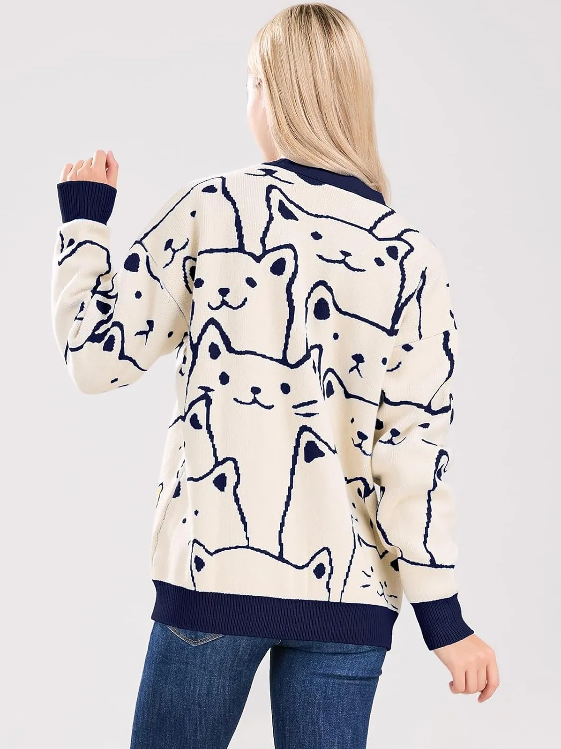ebossy Women's Kawaii Cartoon Cat Cardigan Japanese Aesthetic Button Down Jacquard Knit Sweater Coat