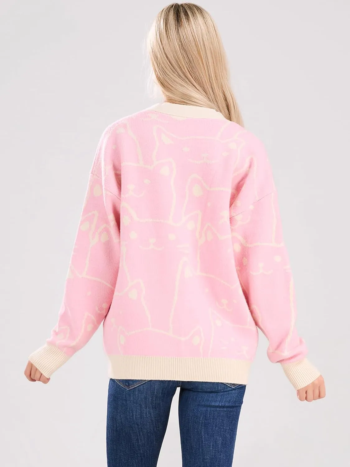 ebossy Women's Kawaii Cartoon Cat Cardigan Japanese Aesthetic Button Down Jacquard Knit Sweater Coat