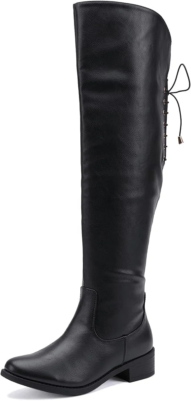 EETTARO Women's Over The Knee Boot Fashion Lace Up Tight High Boots Side Zip Block Heel Riding Booties
